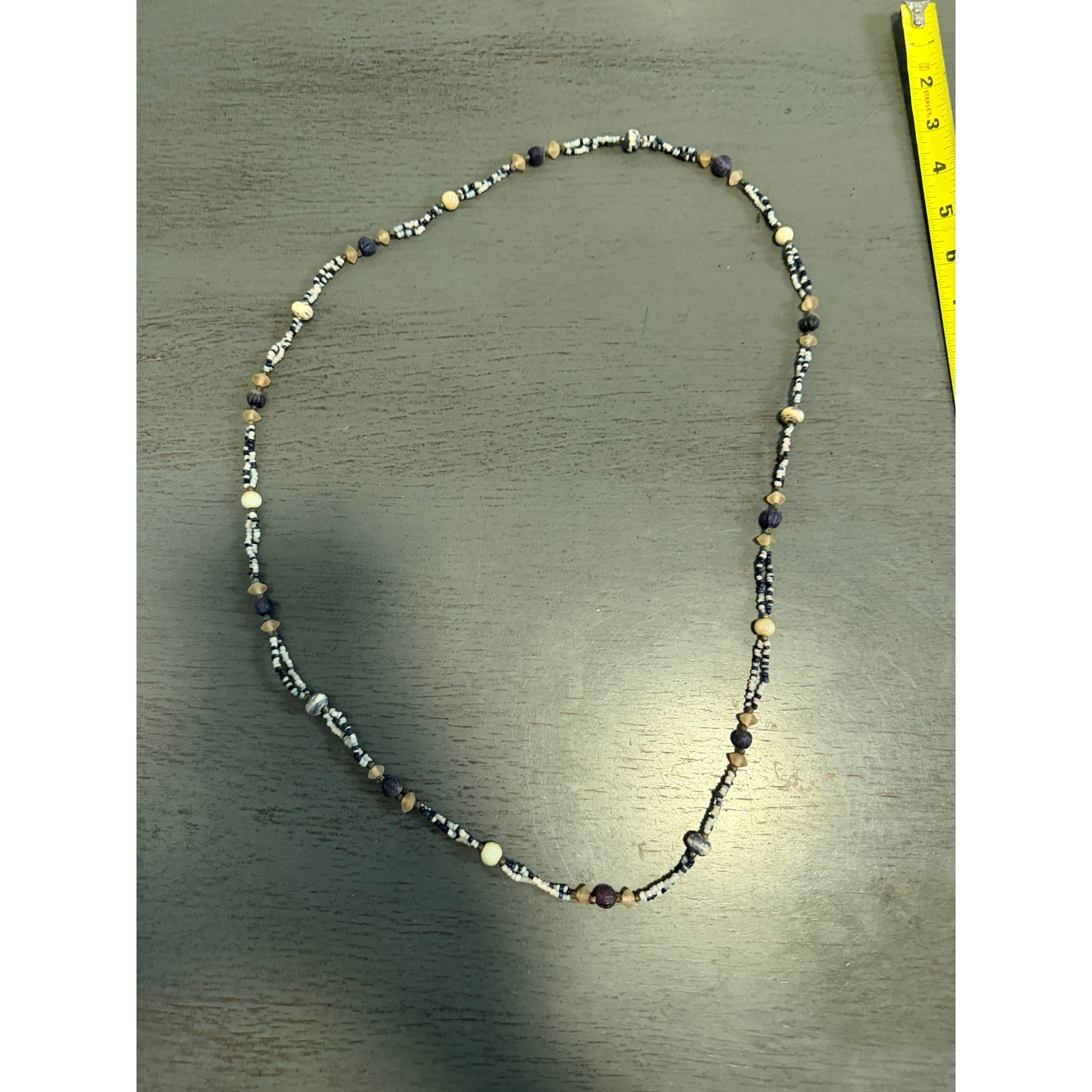 Vintage Beaded Strand Necklace Long Boho Seed Bead Navy Cream Purple Continuous